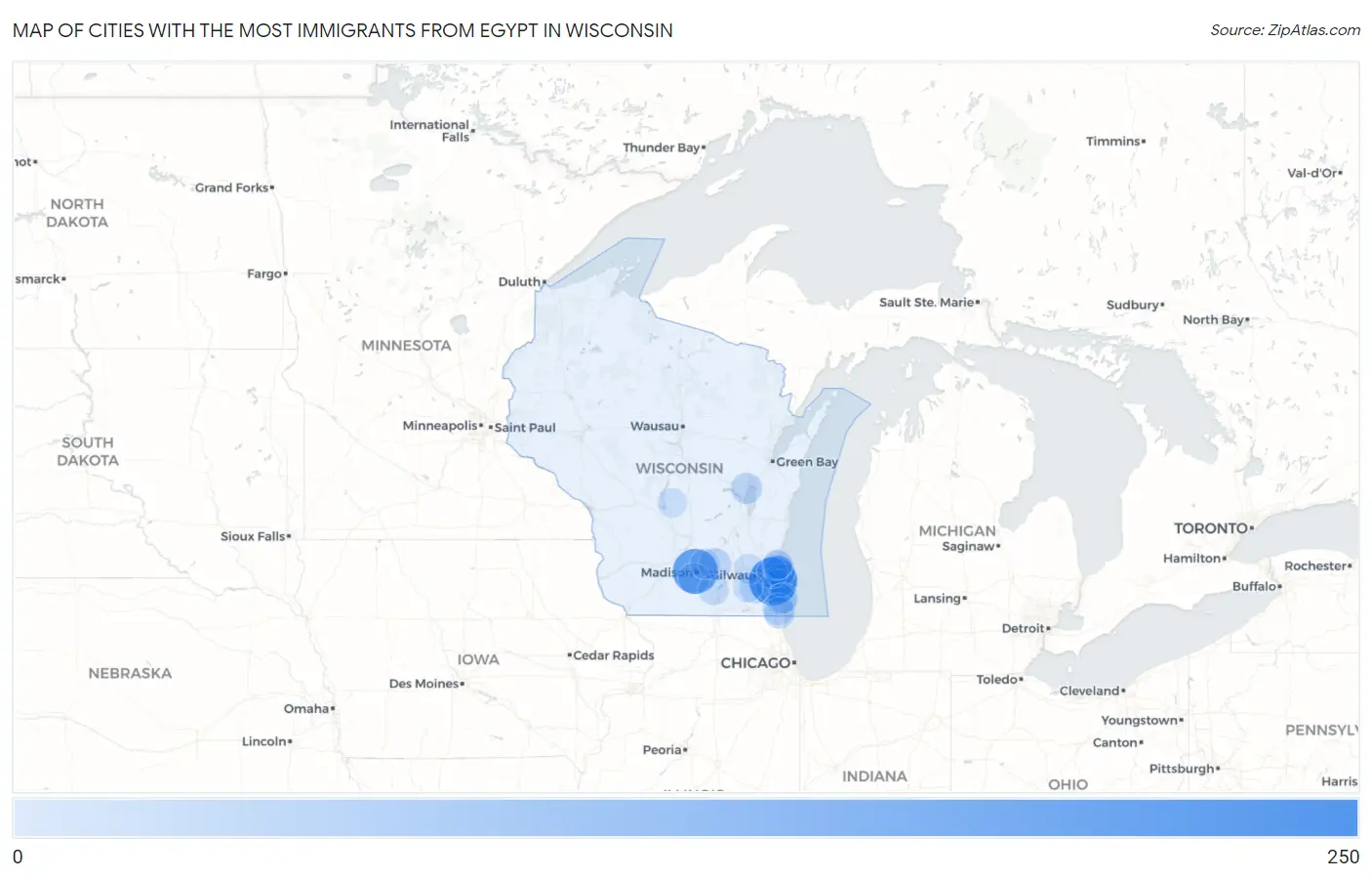 Cities with the Most Immigrants from Egypt in Wisconsin Map