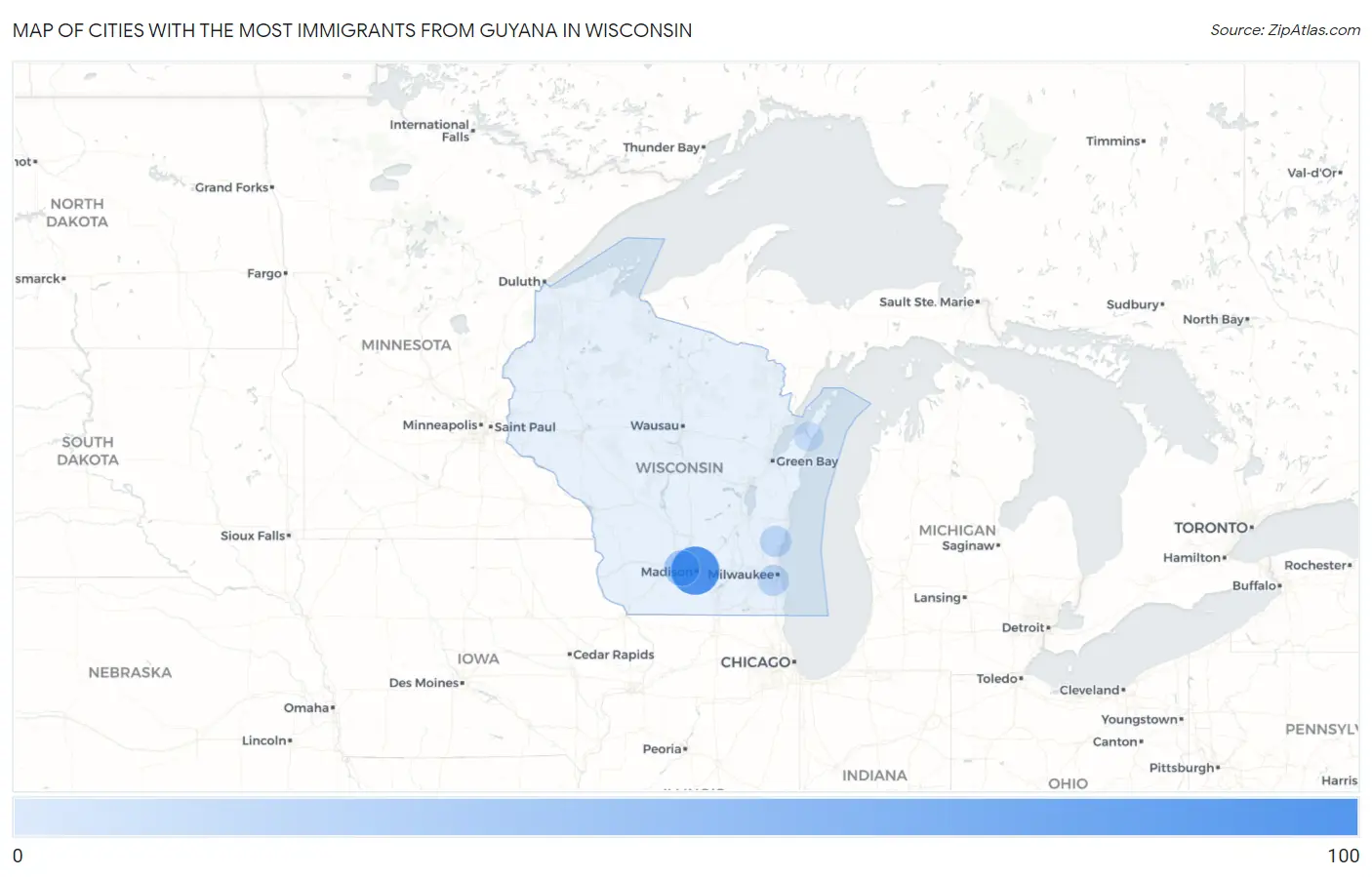 Cities with the Most Immigrants from Guyana in Wisconsin Map