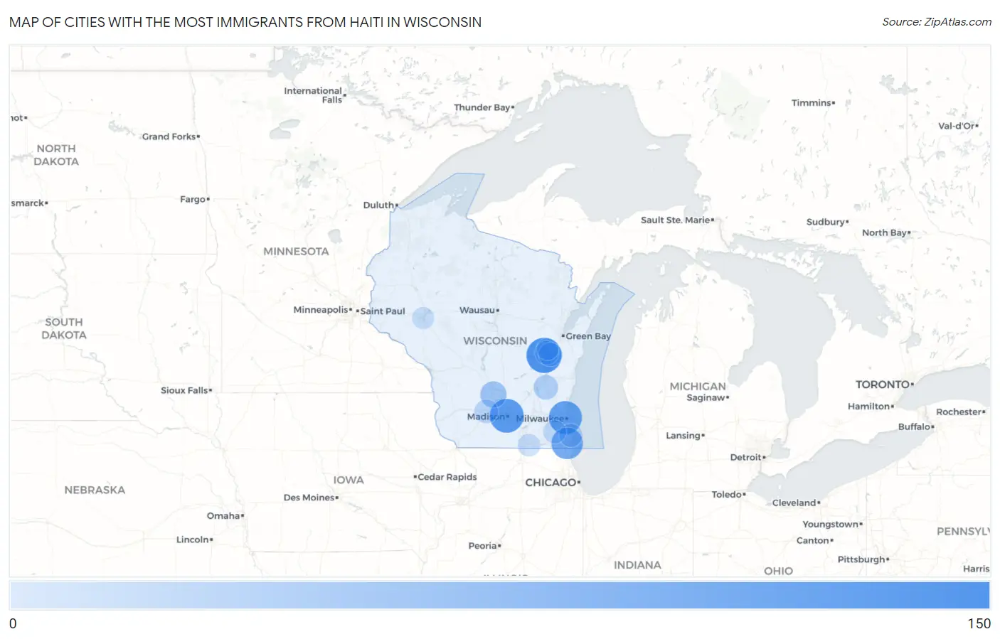 Cities with the Most Immigrants from Haiti in Wisconsin Map