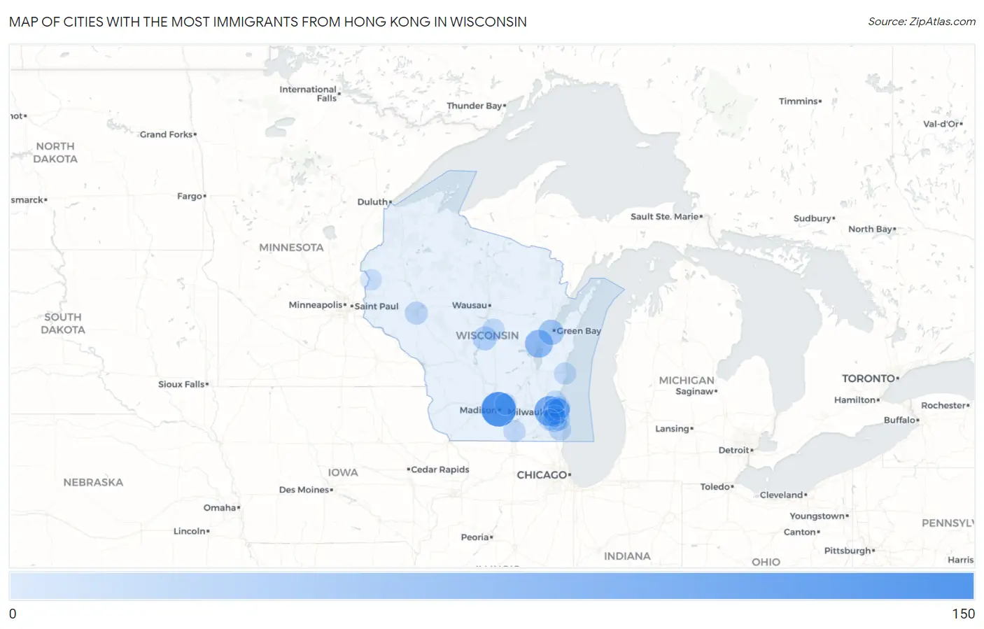 Cities with the Most Immigrants from Hong Kong in Wisconsin Map