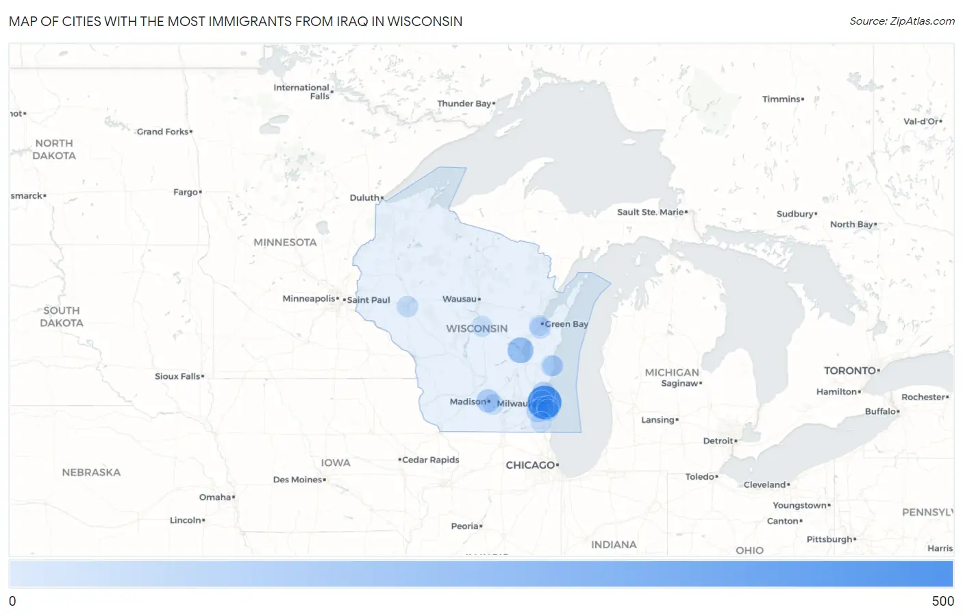 Cities with the Most Immigrants from Iraq in Wisconsin Map