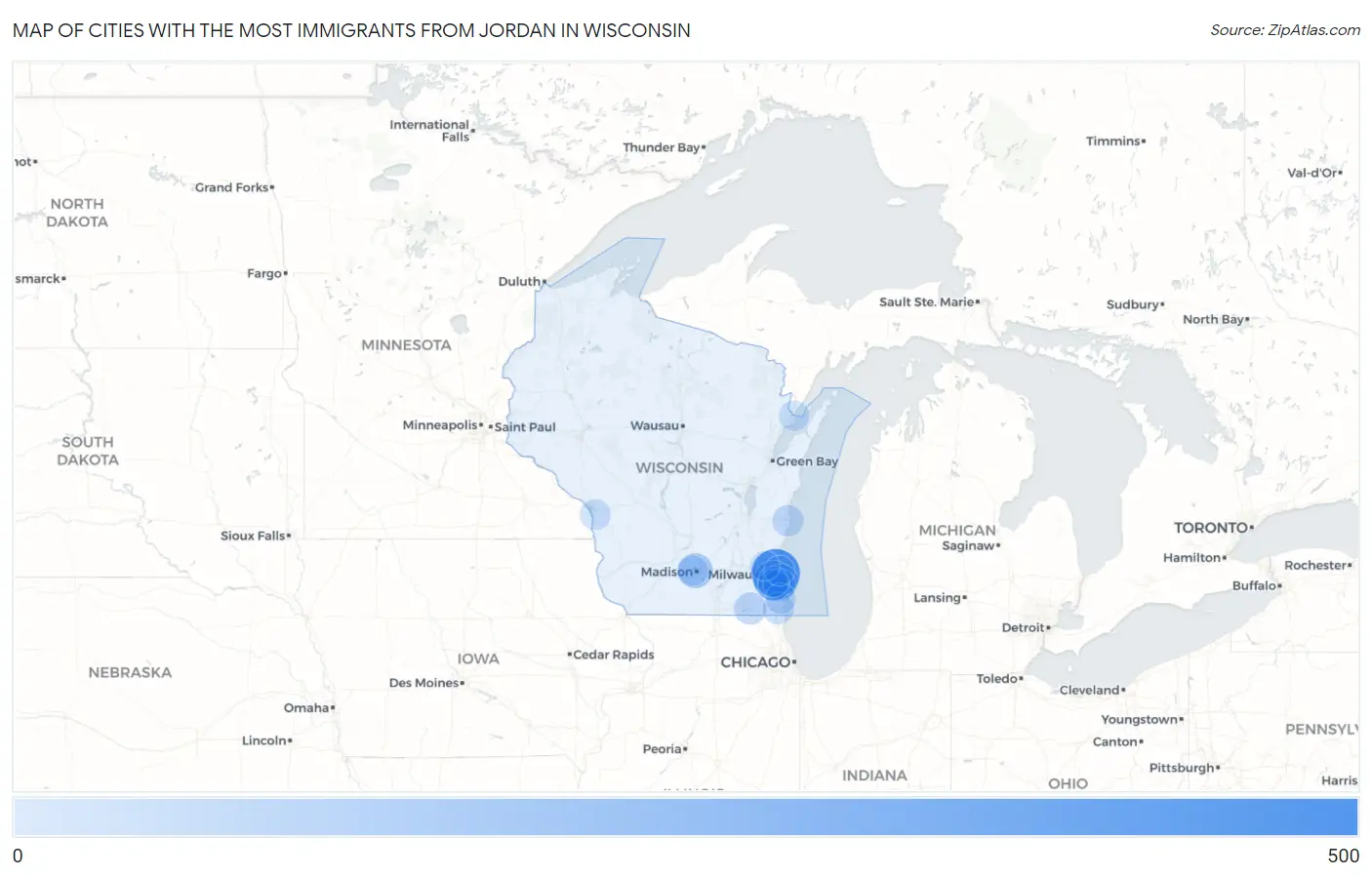 Cities with the Most Immigrants from Jordan in Wisconsin Map