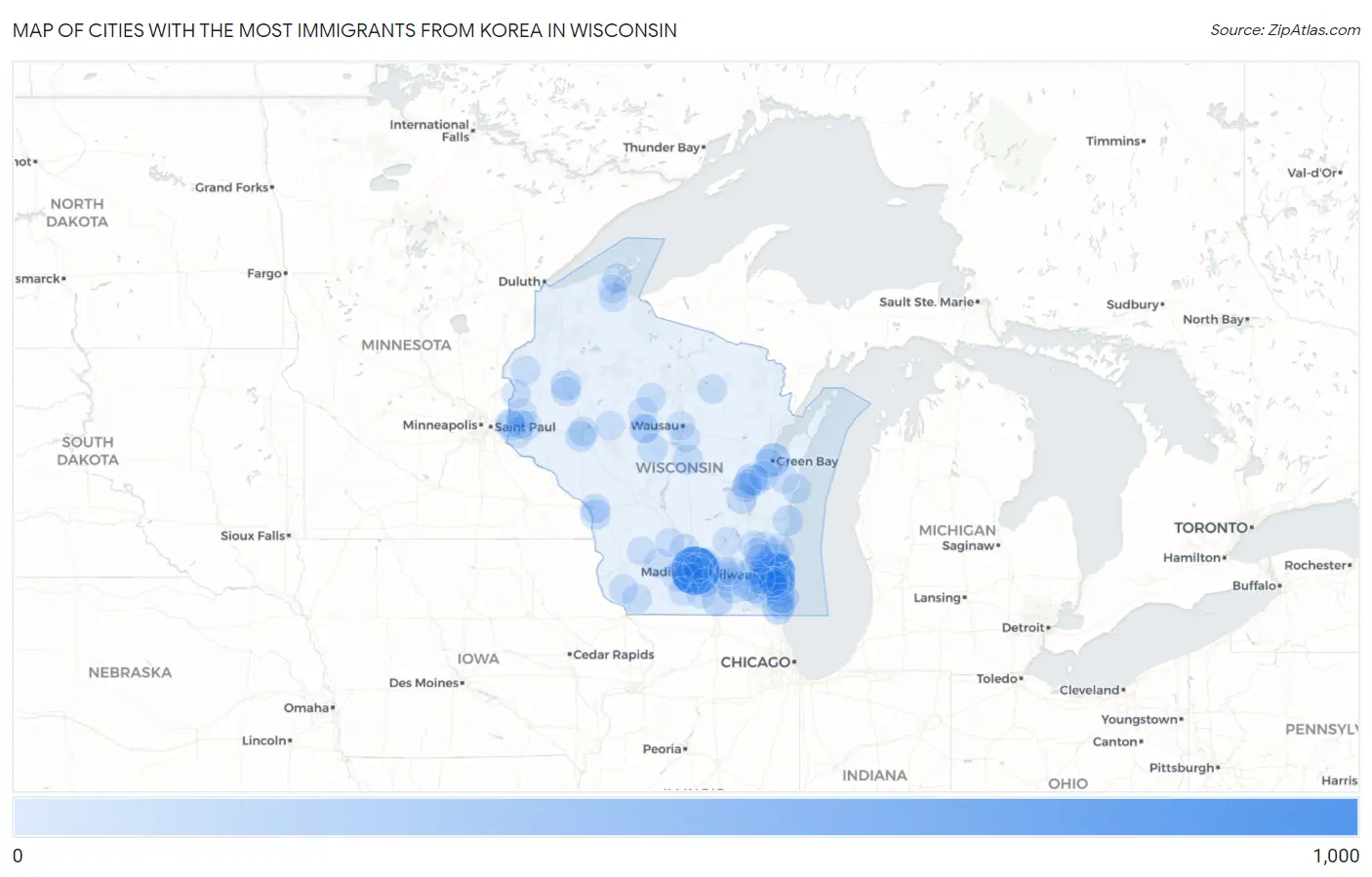 Cities with the Most Immigrants from Korea in Wisconsin Map