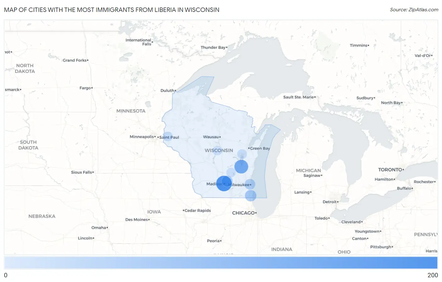 Cities with the Most Immigrants from Liberia in Wisconsin Map