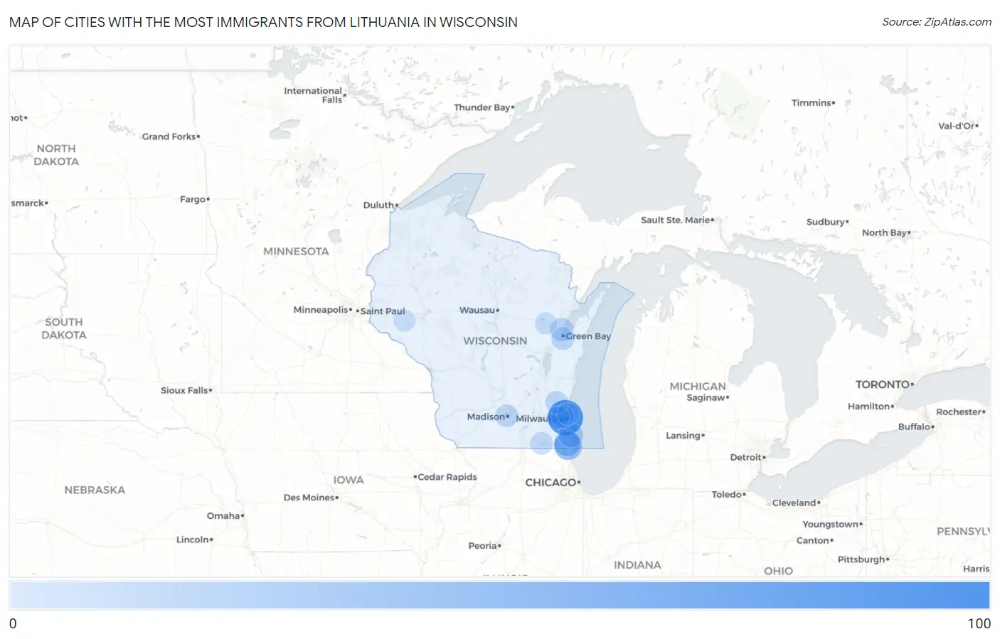 Cities with the Most Immigrants from Lithuania in Wisconsin Map