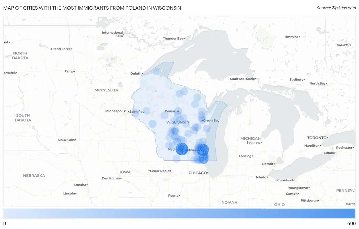 Cities with the Most Immigrants from Poland in Wisconsin Map