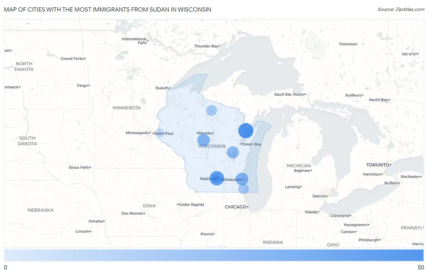 Cities with the Most Immigrants from Sudan in Wisconsin Map