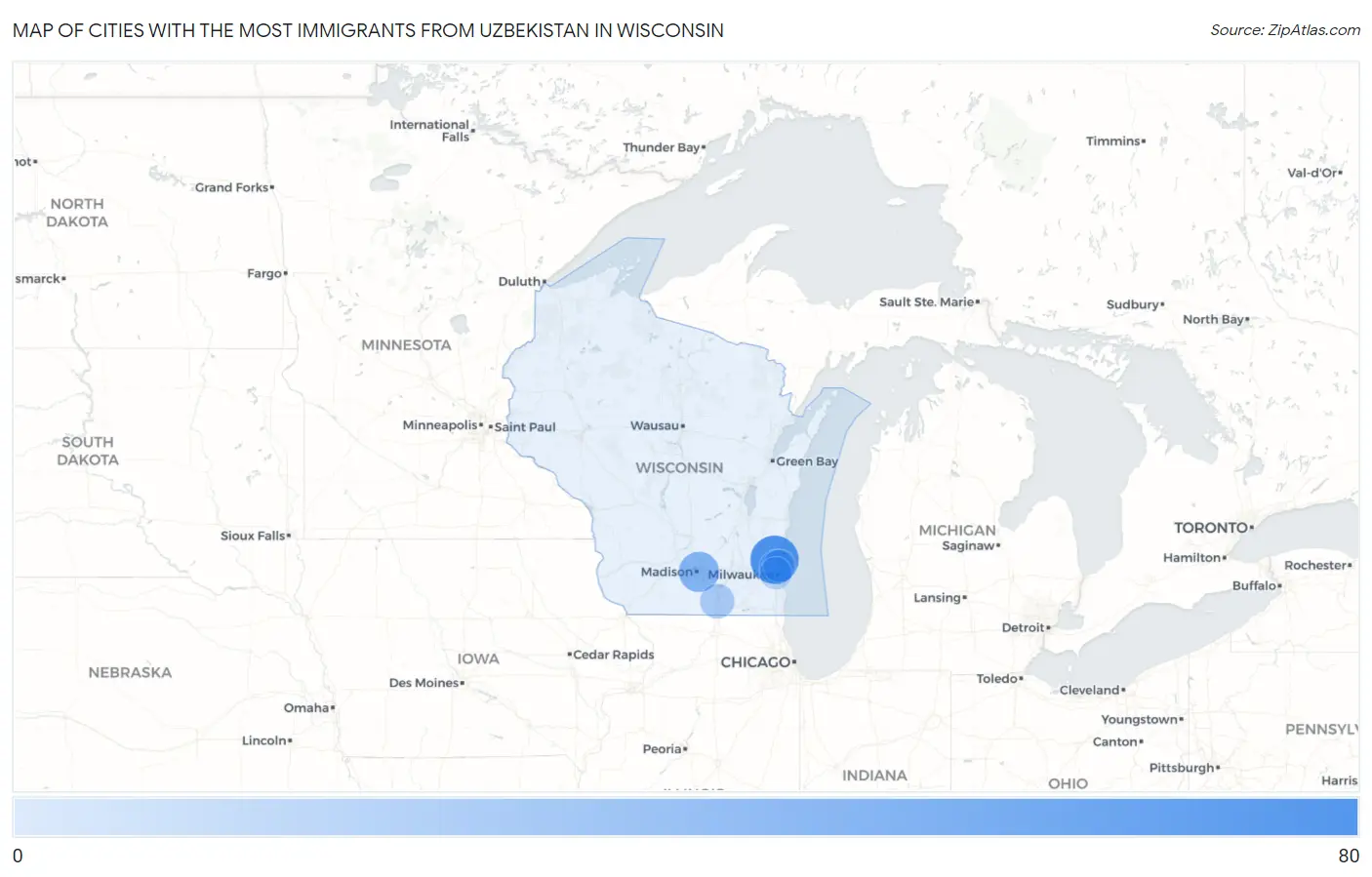 Cities with the Most Immigrants from Uzbekistan in Wisconsin Map