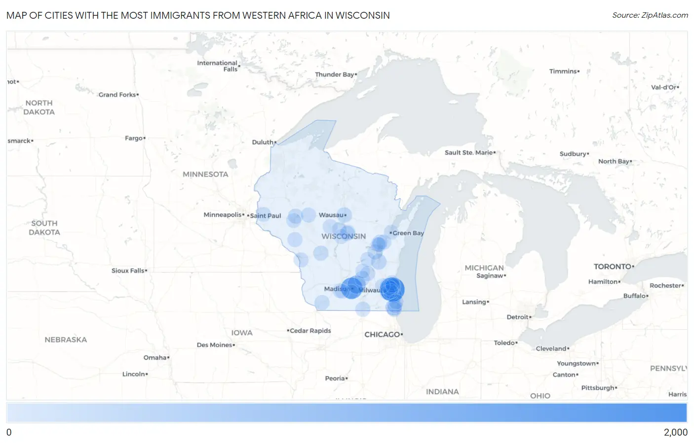 Cities with the Most Immigrants from Western Africa in Wisconsin Map