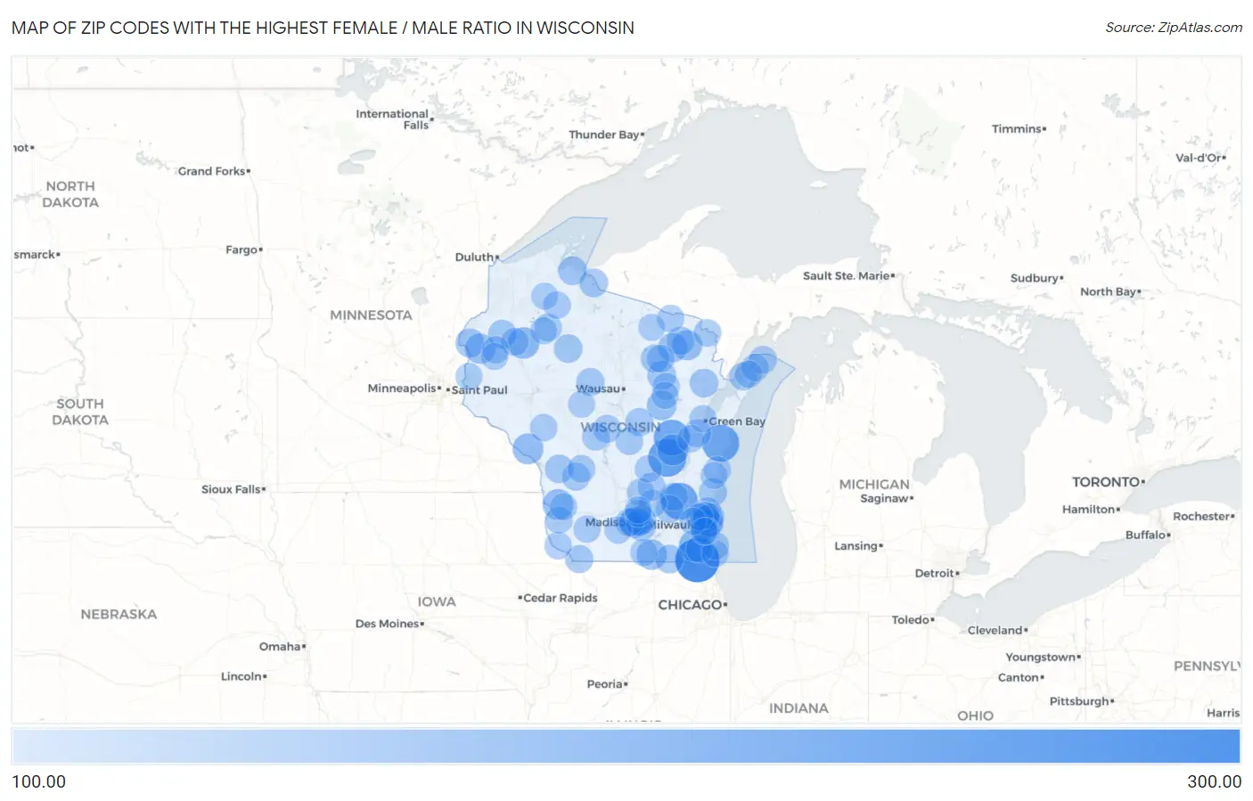 Zip Codes with the Highest Female / Male Ratio in Wisconsin Map