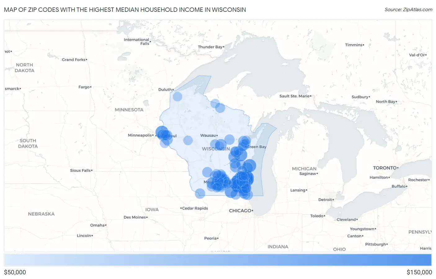 Zip Codes with the Highest Median Household Income in Wisconsin Map