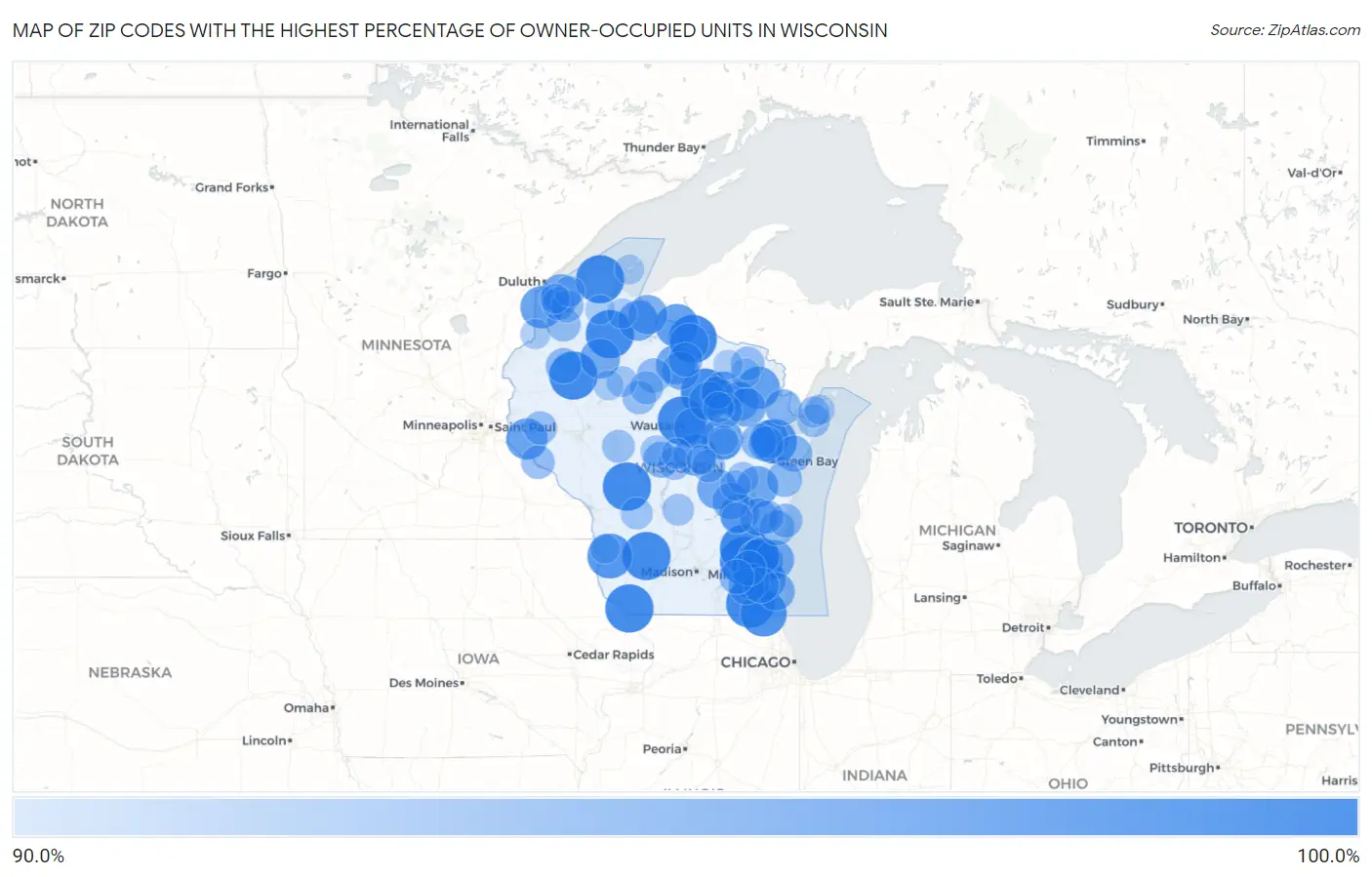Zip Codes with the Highest Percentage of Owner-Occupied Units in Wisconsin Map
