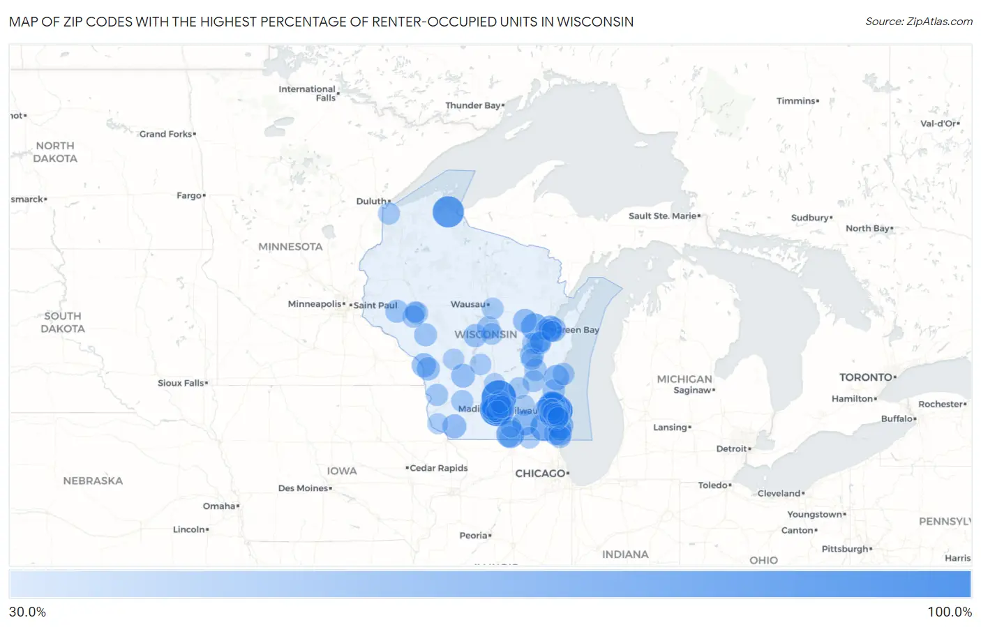 Zip Codes with the Highest Percentage of Renter-Occupied Units in Wisconsin Map