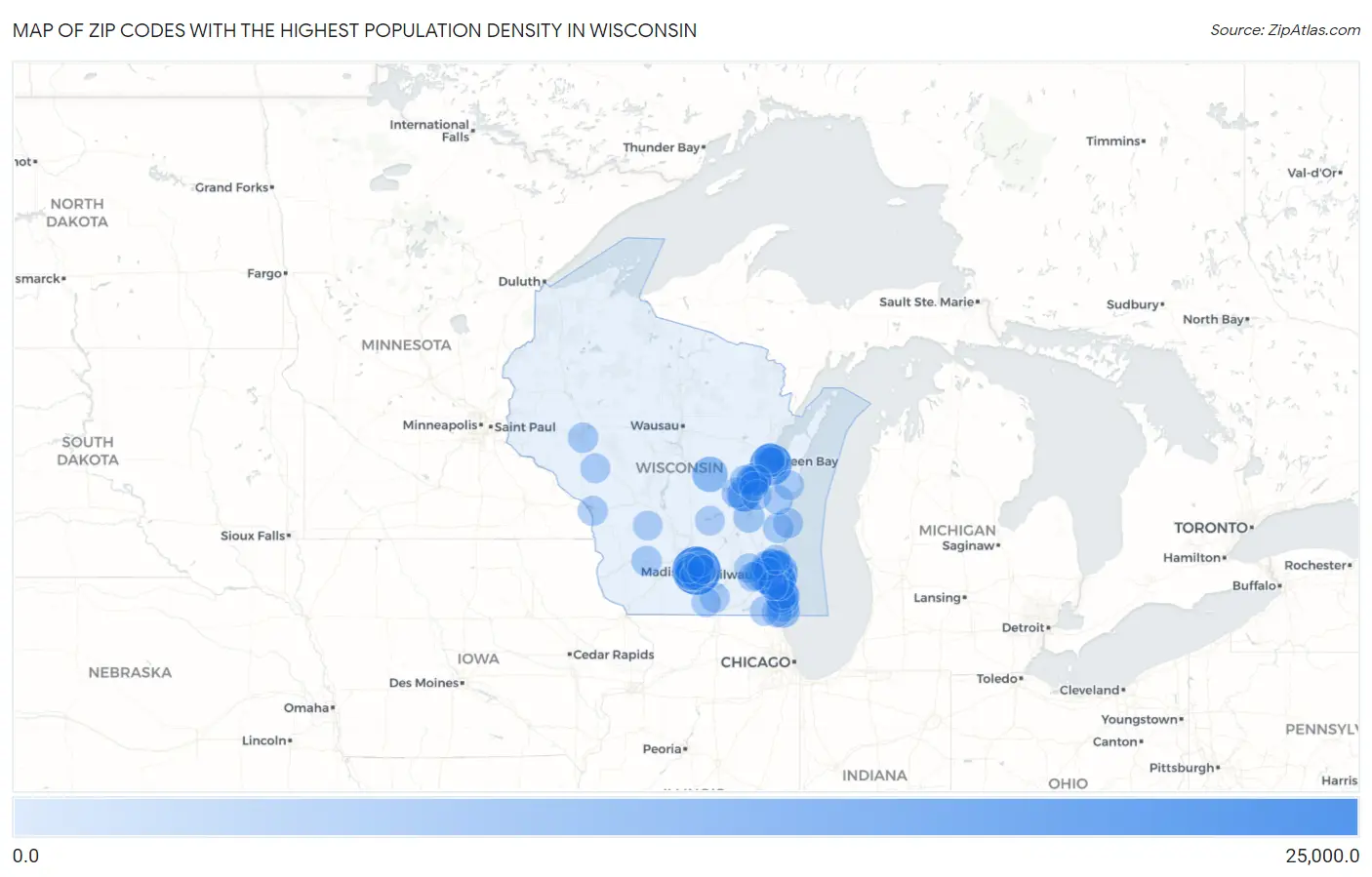 Zip Codes with the Highest Population Density in Wisconsin Map