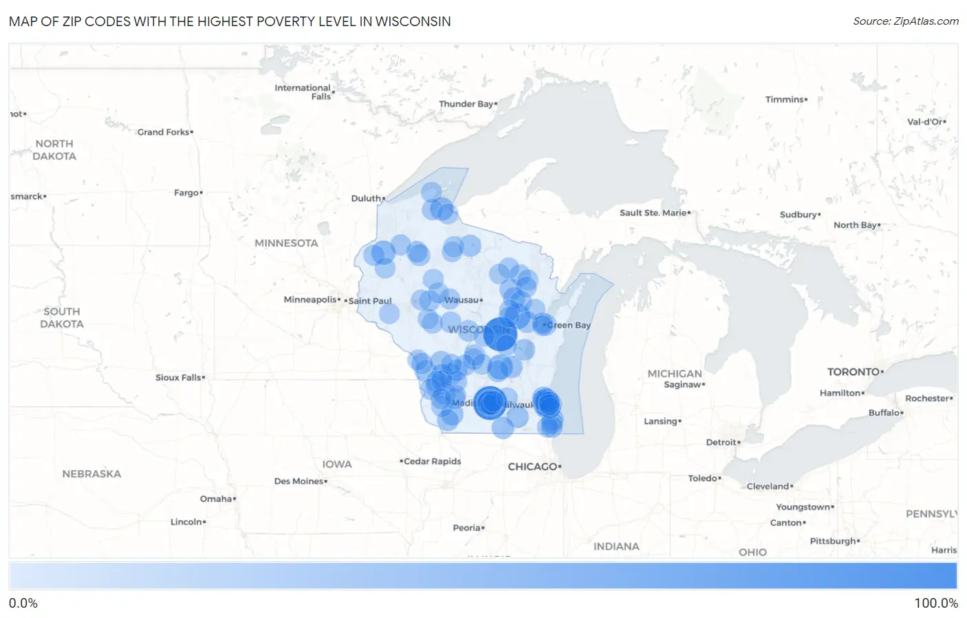 Zip Codes with the Highest Poverty Level in Wisconsin Map