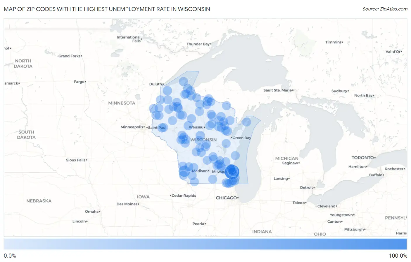 Zip Codes with the Highest Unemployment Rate in Wisconsin Map