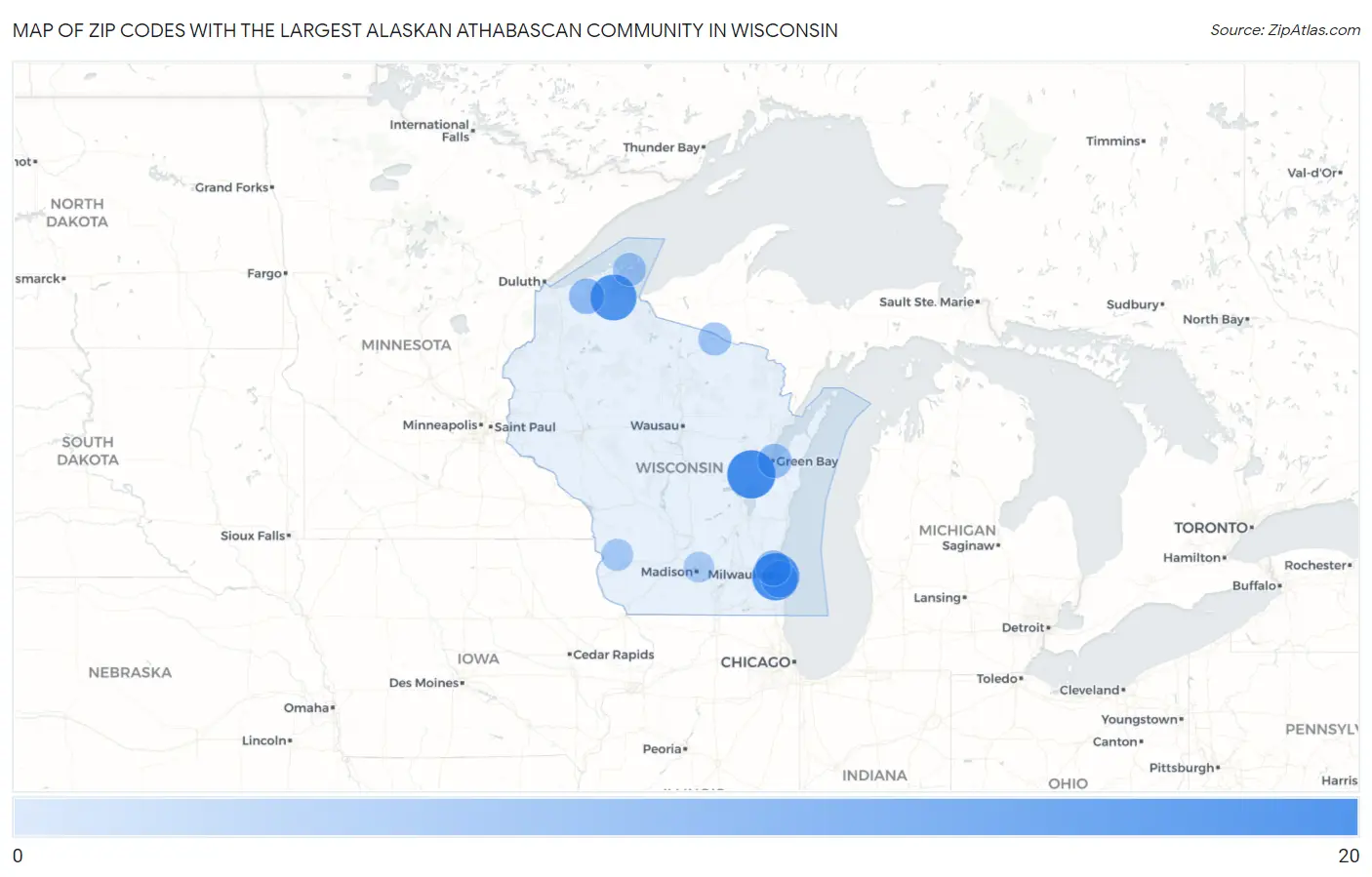 Zip Codes with the Largest Alaskan Athabascan Community in Wisconsin Map