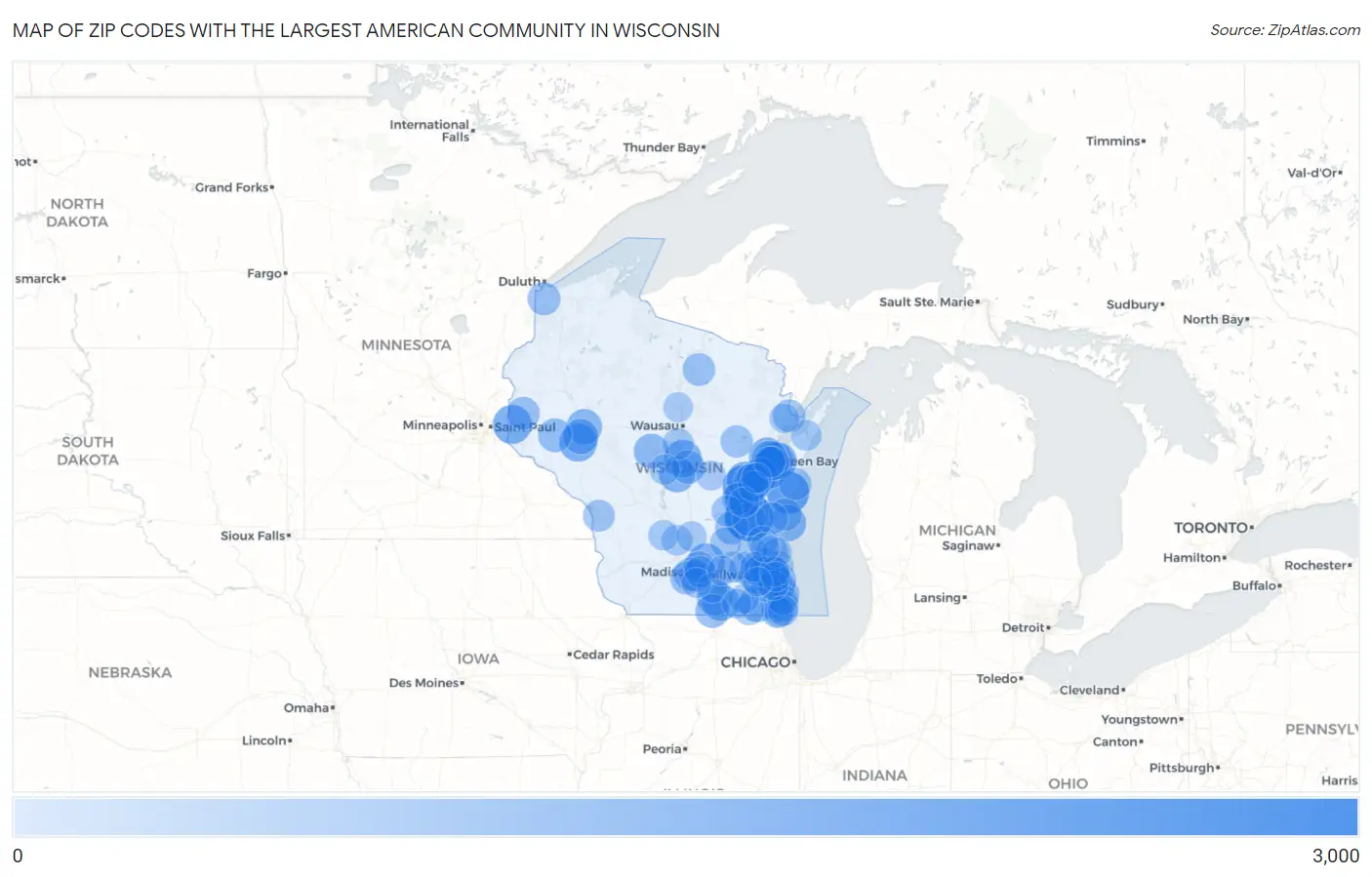 Zip Codes with the Largest American Community in Wisconsin Map