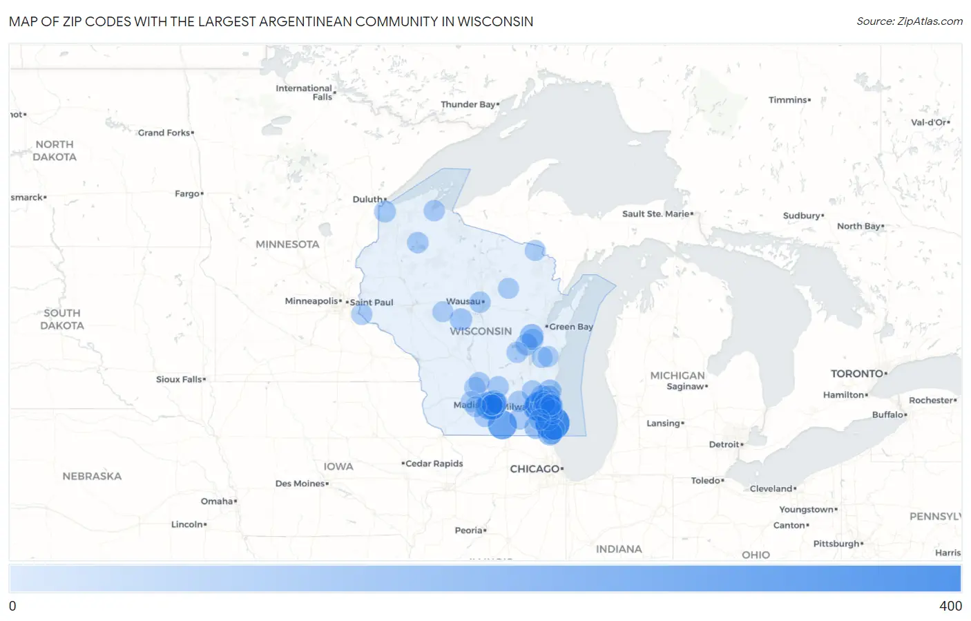 Zip Codes with the Largest Argentinean Community in Wisconsin Map