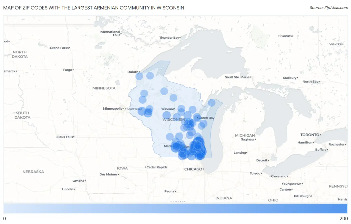 Zip Codes with the Largest Armenian Community in Wisconsin Map