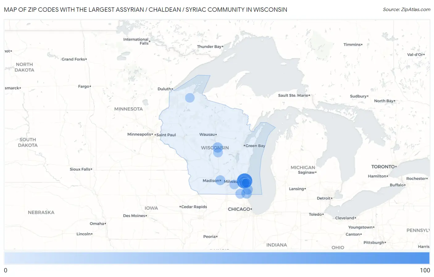 Zip Codes with the Largest Assyrian / Chaldean / Syriac Community in Wisconsin Map