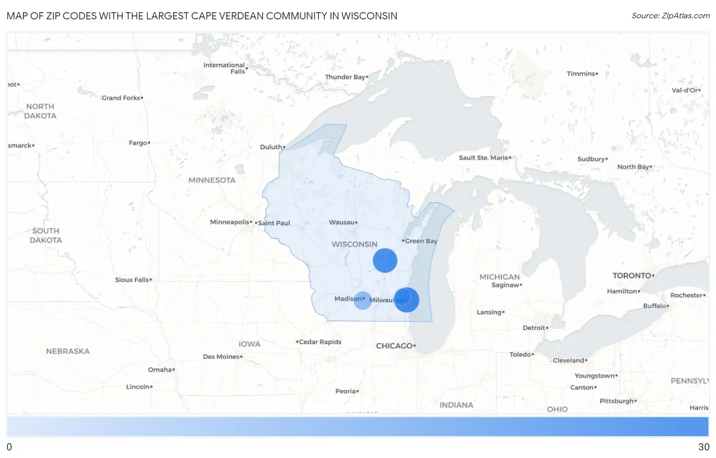 Zip Codes with the Largest Cape Verdean Community in Wisconsin Map