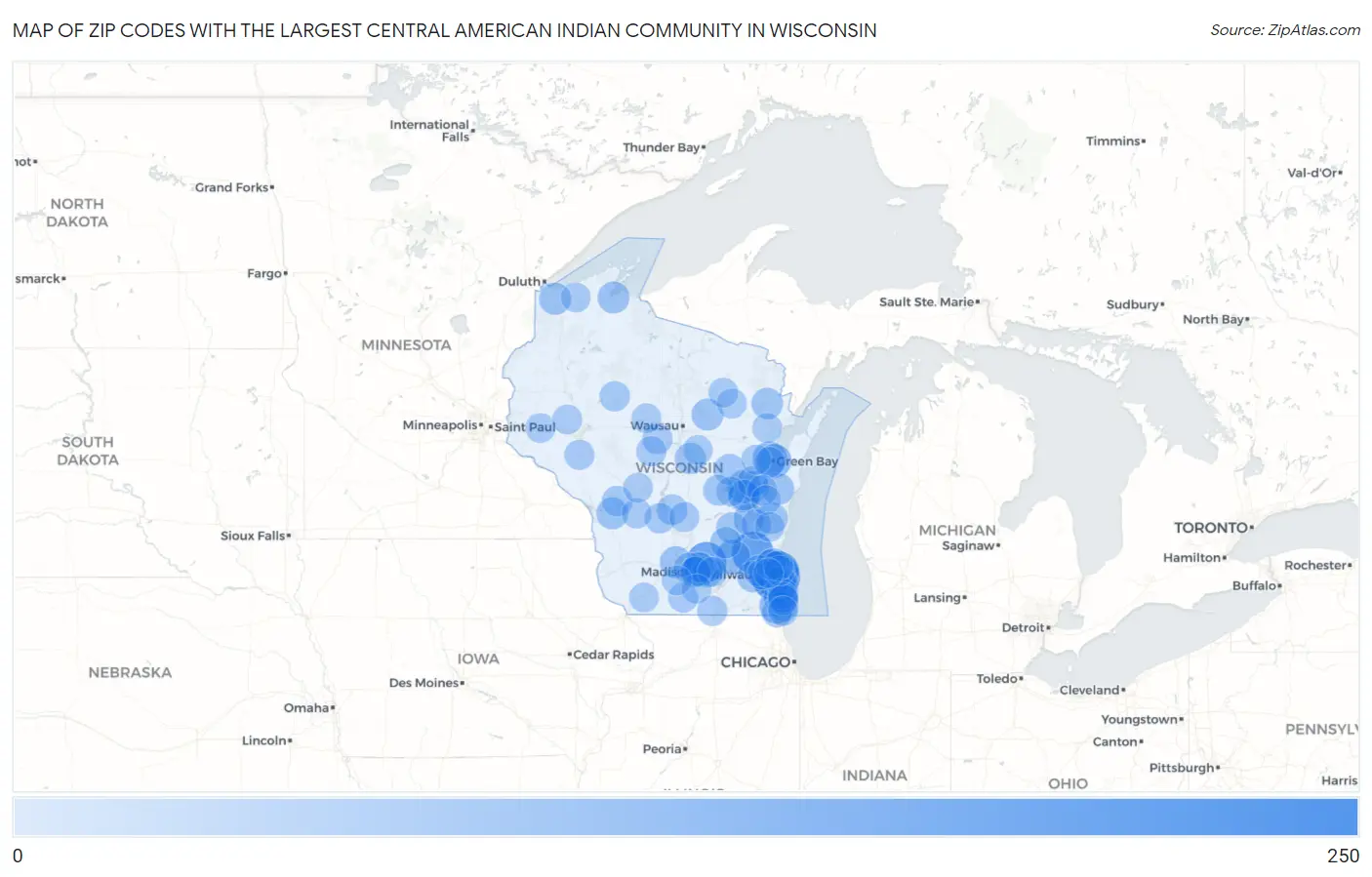 Zip Codes with the Largest Central American Indian Community in Wisconsin Map