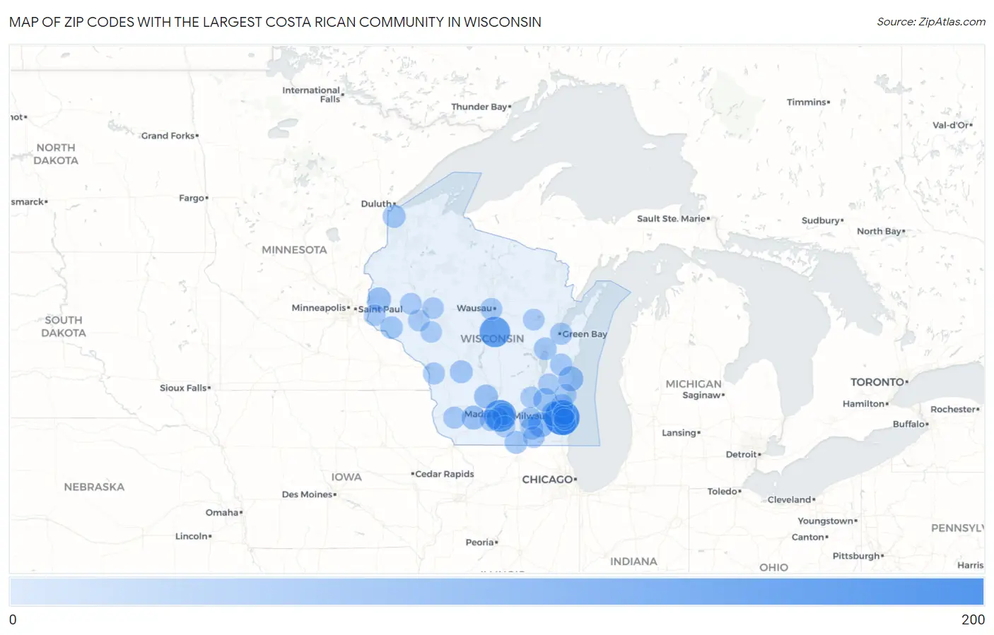 Zip Codes with the Largest Costa Rican Community in Wisconsin Map