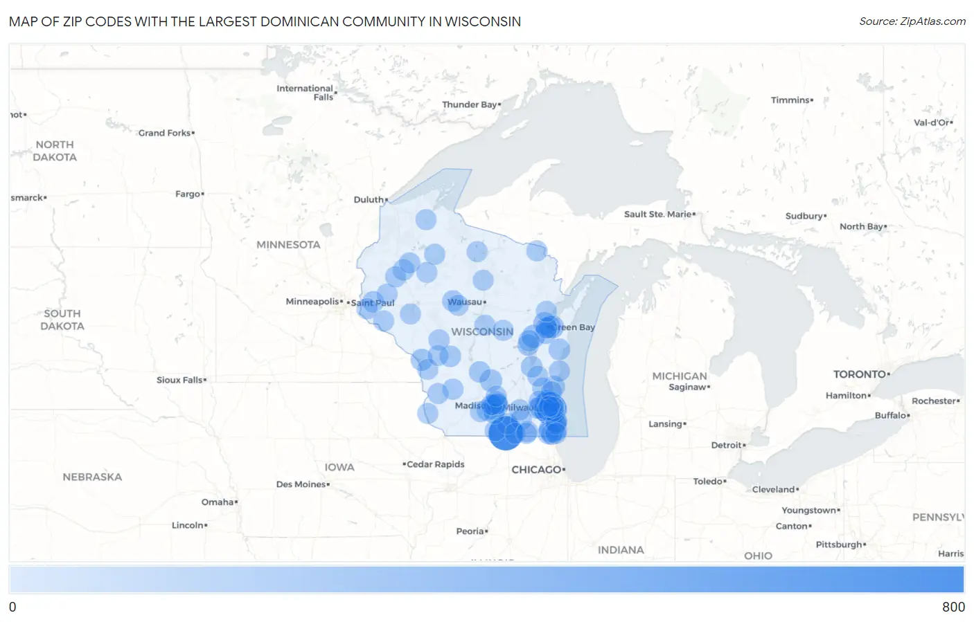 Zip Codes with the Largest Dominican Community in Wisconsin Map