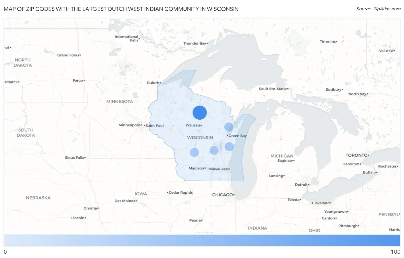 Zip Codes with the Largest Dutch West Indian Community in Wisconsin Map