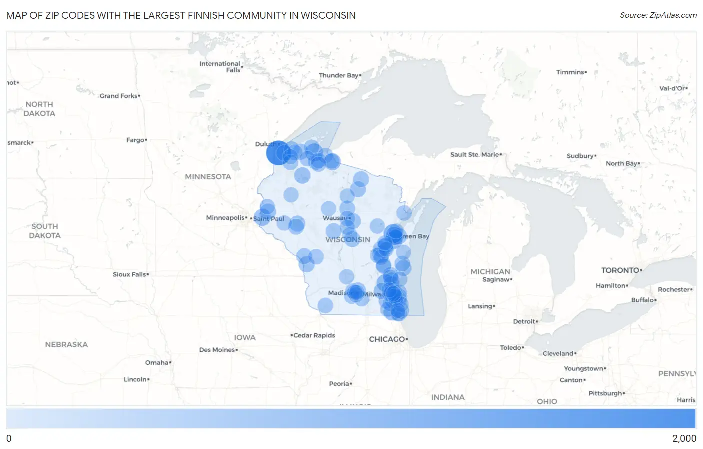 Zip Codes with the Largest Finnish Community in Wisconsin Map