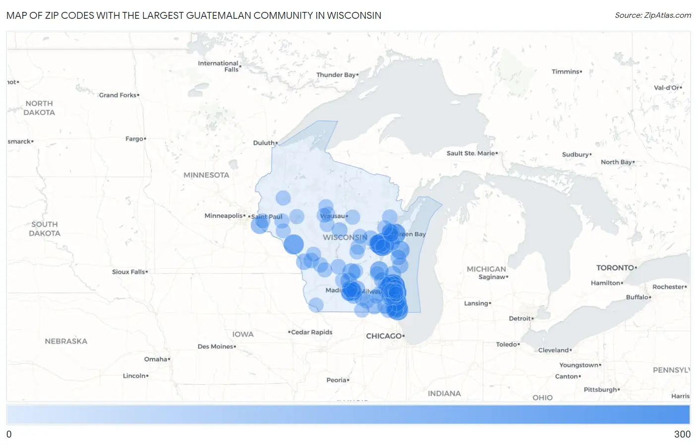 Zip Codes with the Largest Guatemalan Community in Wisconsin Map