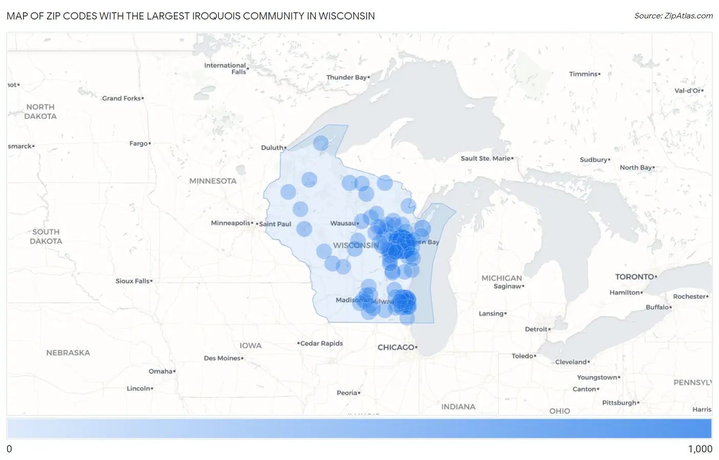 Zip Codes with the Largest Iroquois Community in Wisconsin Map