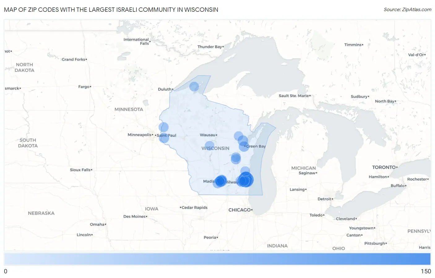 Zip Codes with the Largest Israeli Community in Wisconsin Map