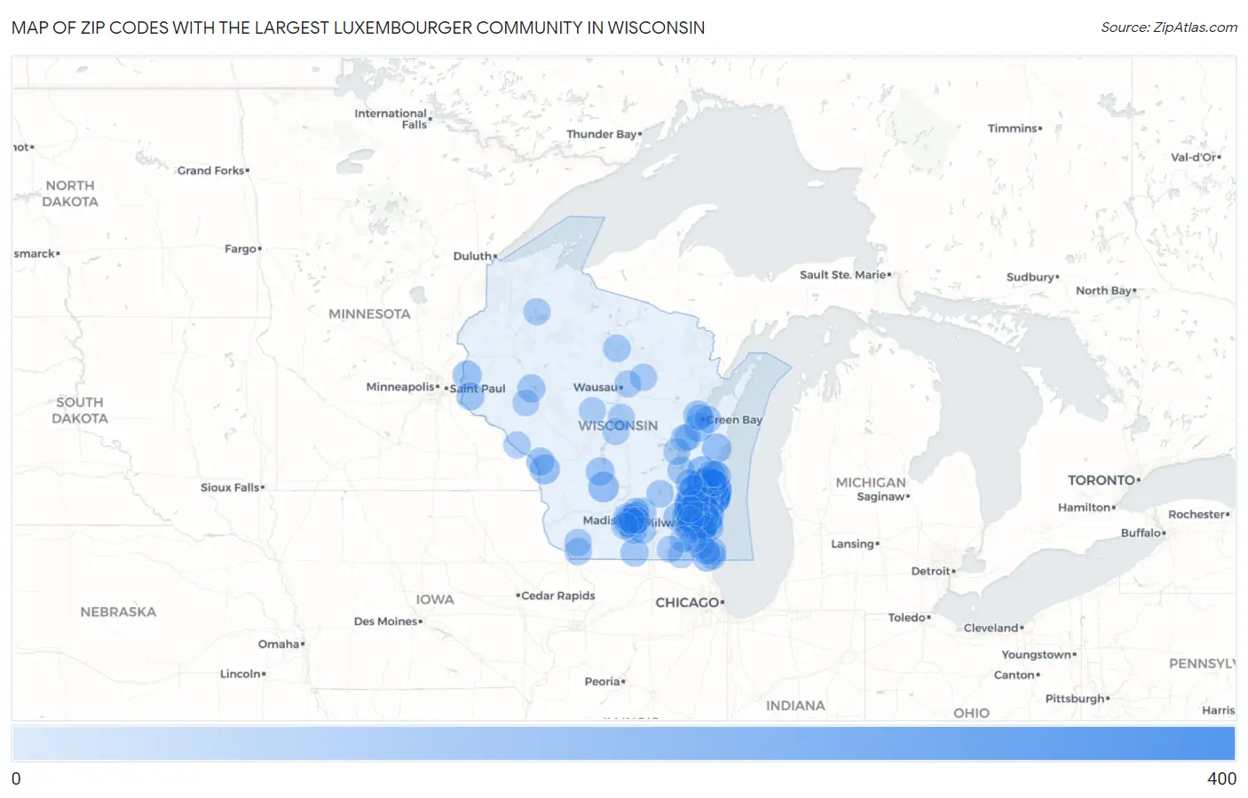 Zip Codes with the Largest Luxembourger Community in Wisconsin Map