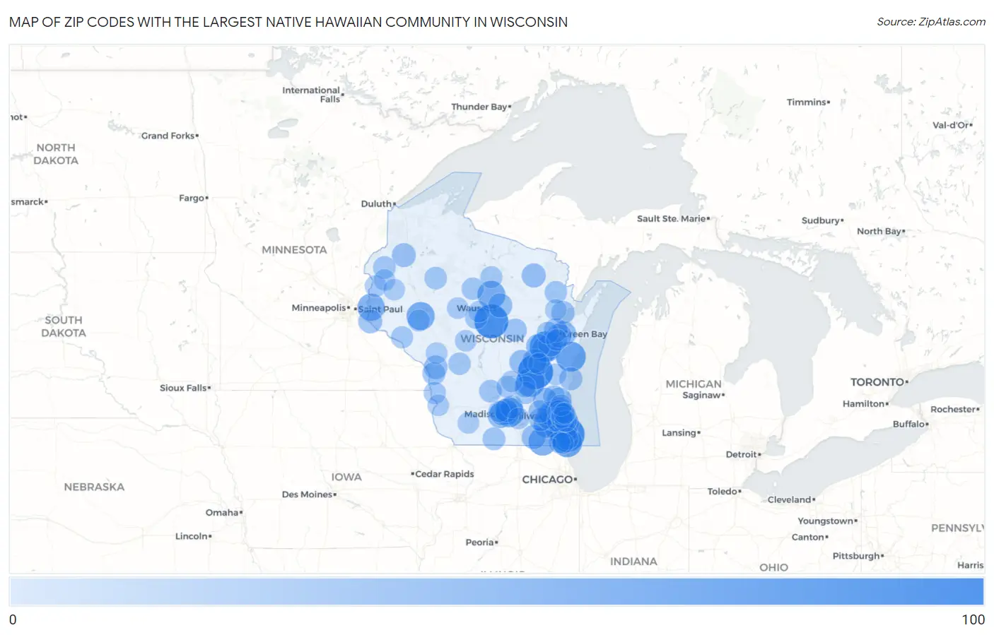 Zip Codes with the Largest Native Hawaiian Community in Wisconsin Map