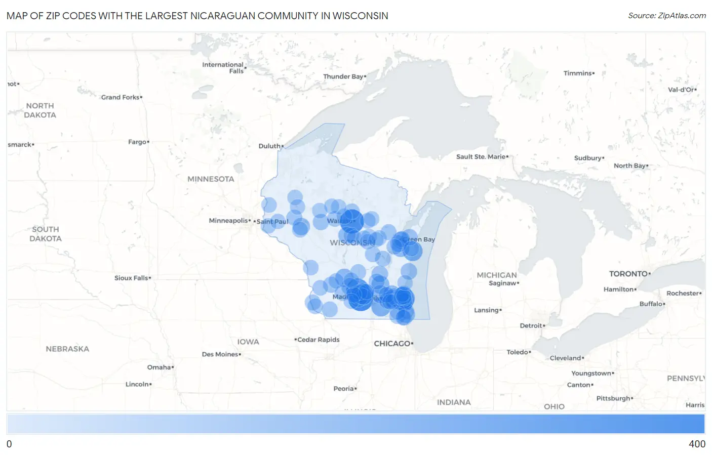 Zip Codes with the Largest Nicaraguan Community in Wisconsin Map
