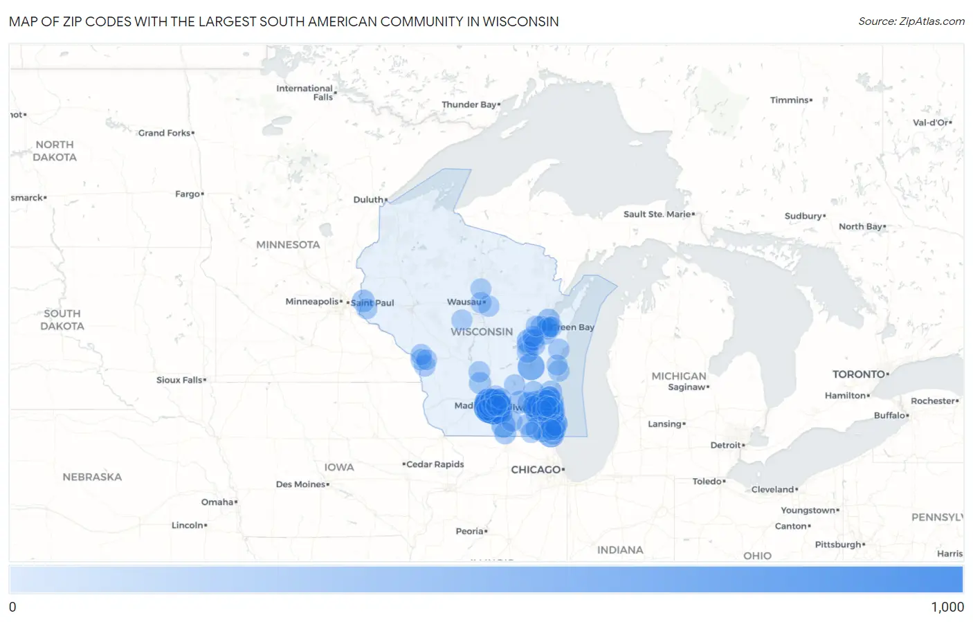 Zip Codes with the Largest South American Community in Wisconsin Map