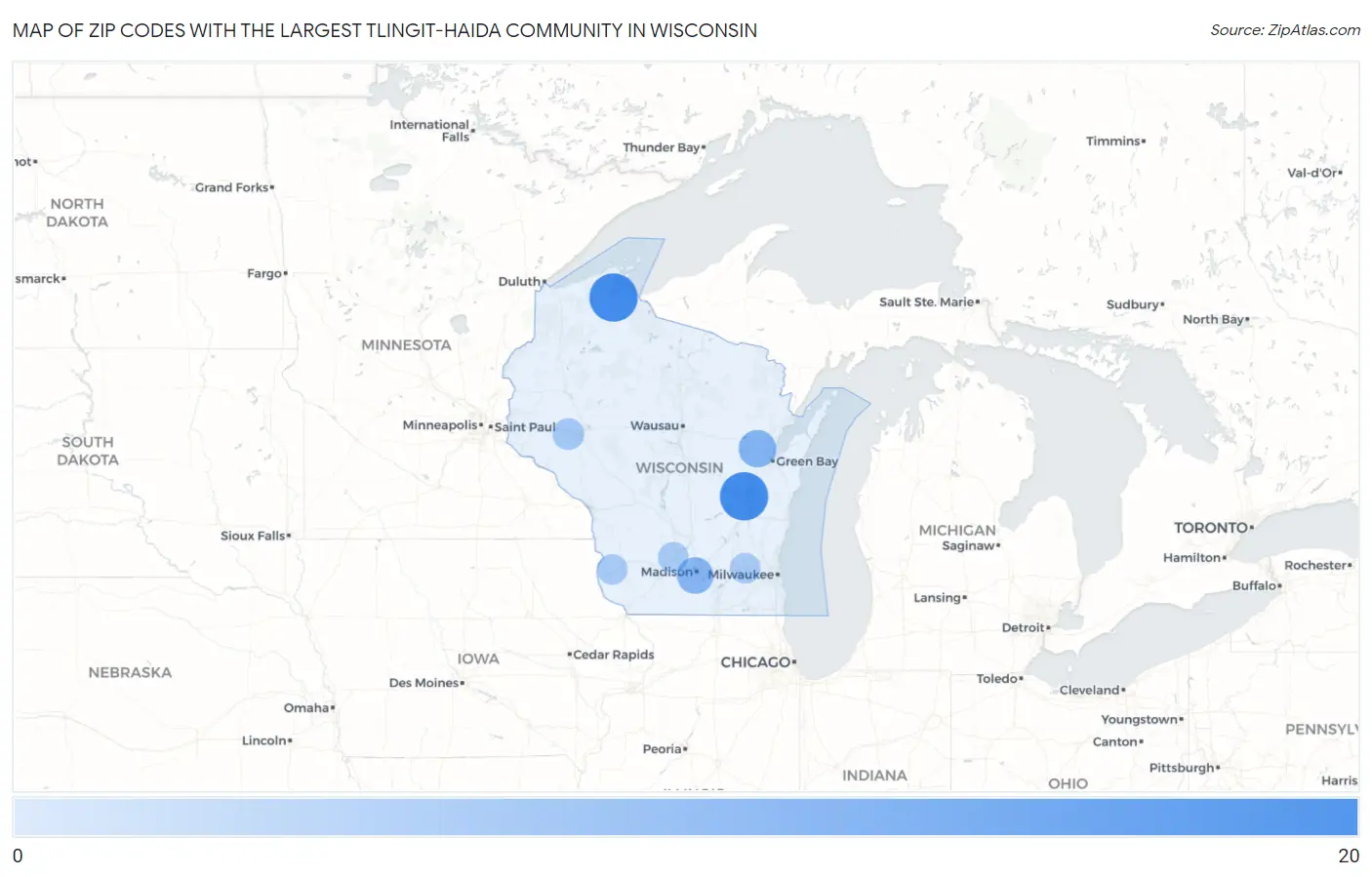 Zip Codes with the Largest Tlingit-Haida Community in Wisconsin Map