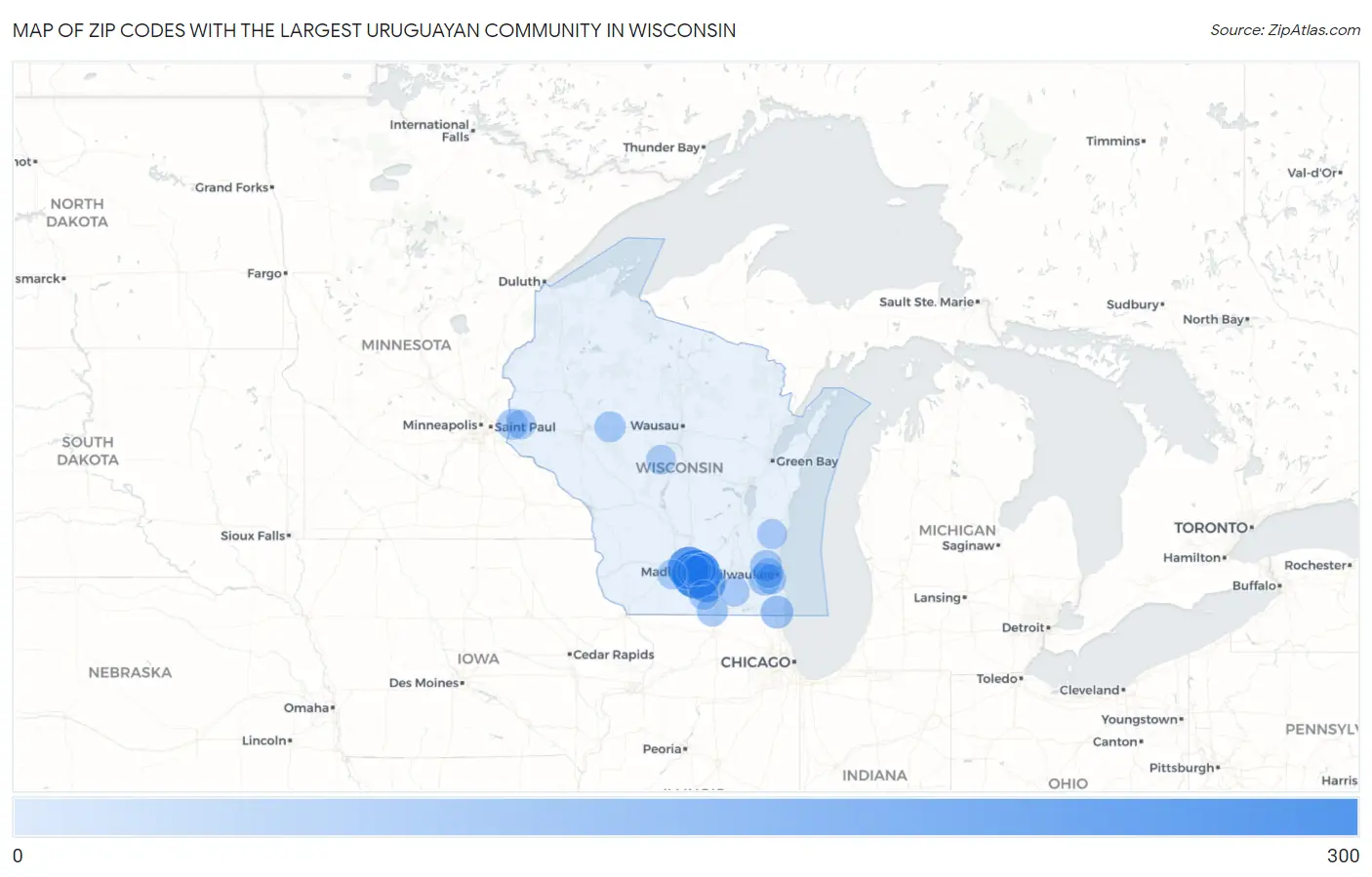 Zip Codes with the Largest Uruguayan Community in Wisconsin Map