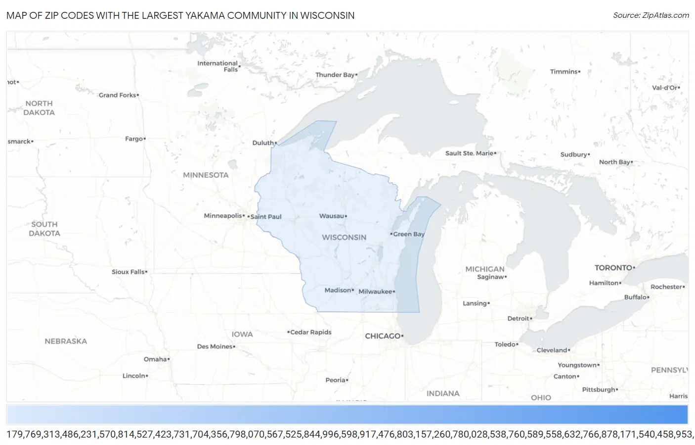 Zip Codes with the Largest Yakama Community in Wisconsin Map