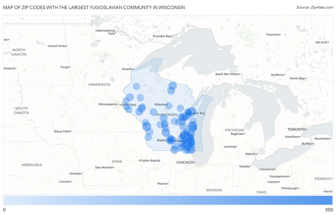 Zip Codes with the Largest Yugoslavian Community in Wisconsin Map