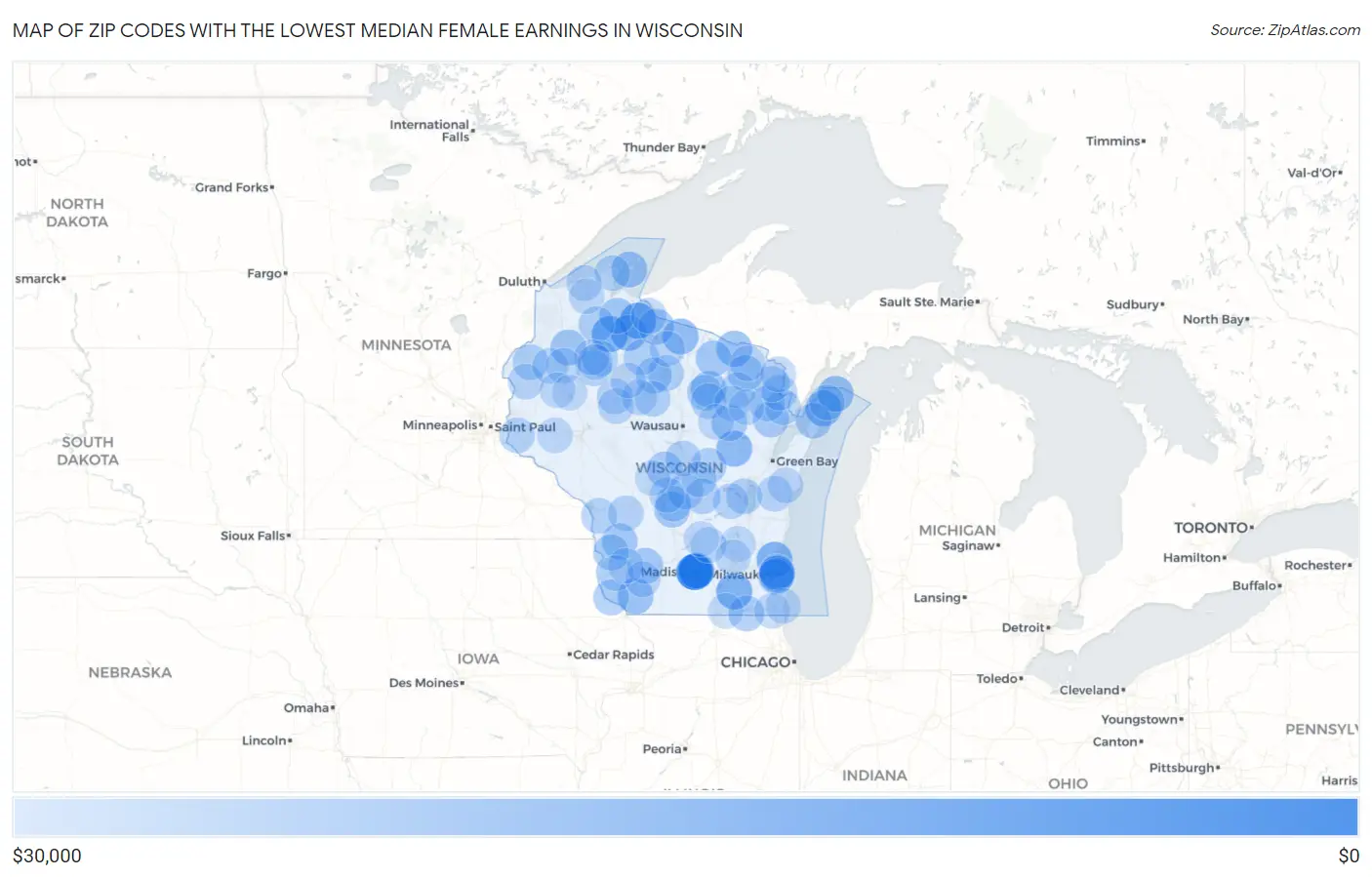 Zip Codes with the Lowest Median Female Earnings in Wisconsin Map