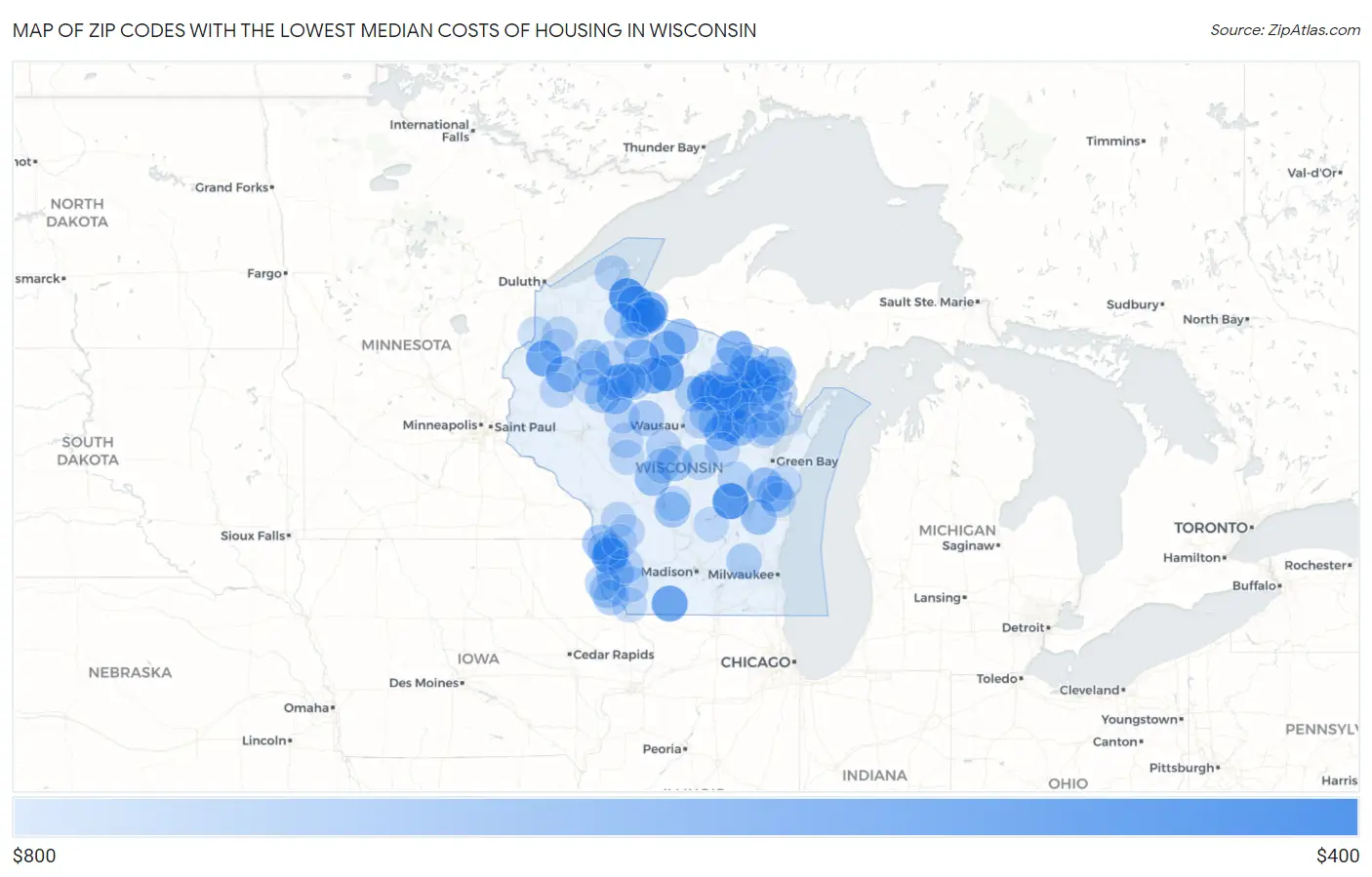 Zip Codes with the Lowest Median Costs of Housing in Wisconsin Map