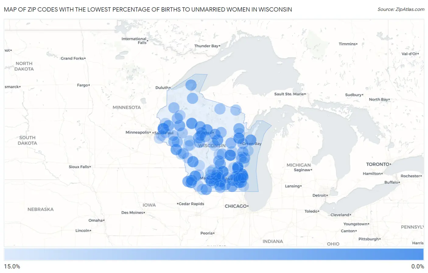 Zip Codes with the Lowest Percentage of Births to Unmarried Women in Wisconsin Map