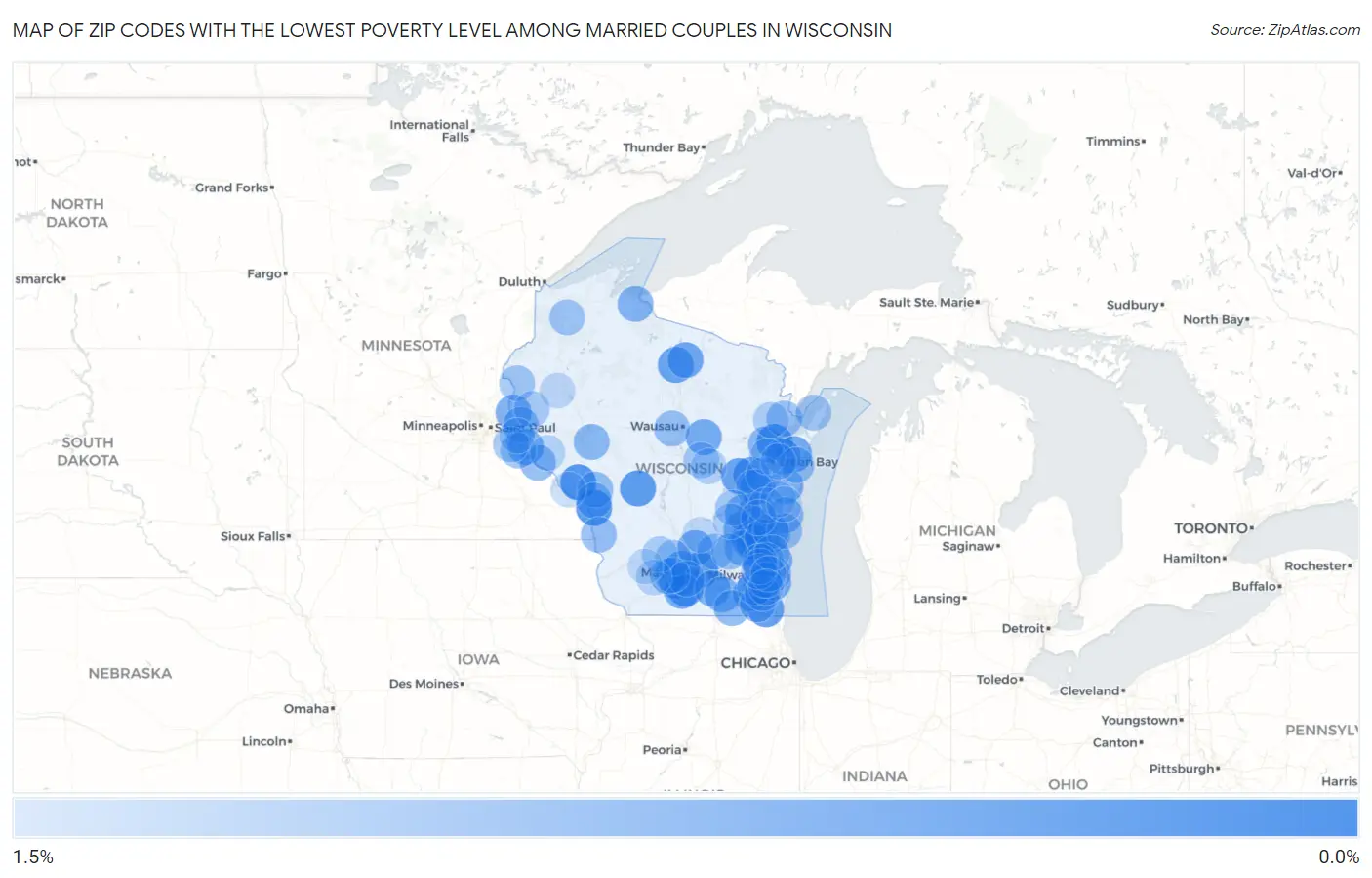 Zip Codes with the Lowest Poverty Level Among Married Couples in Wisconsin Map
