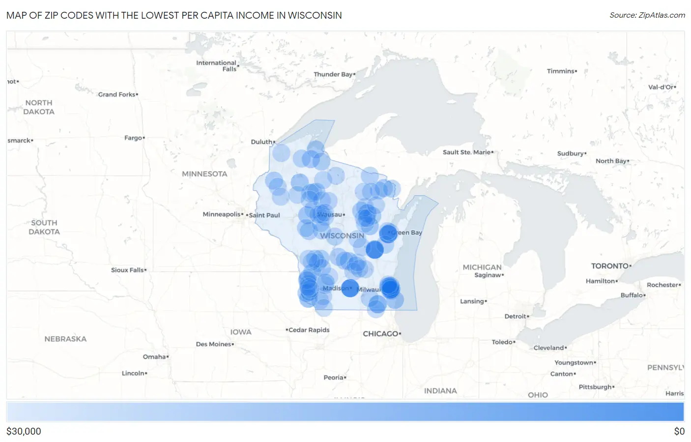Zip Codes with the Lowest Per Capita Income in Wisconsin Map