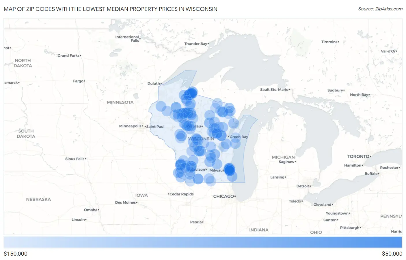 Zip Codes with the Lowest Median Property Prices in Wisconsin Map