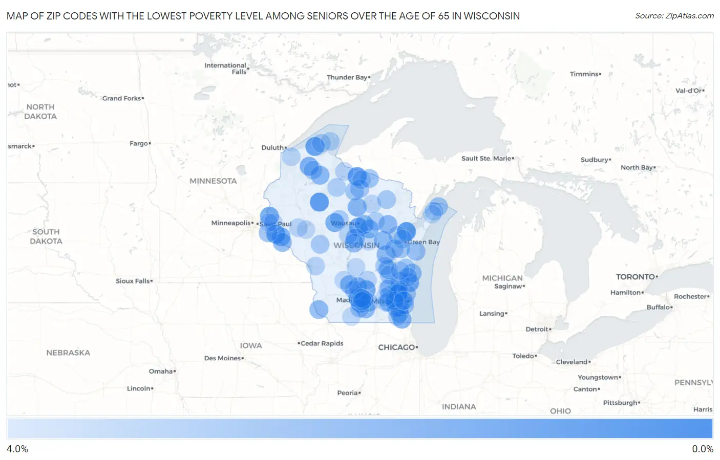 Zip Codes with the Lowest Poverty Level Among Seniors Over the Age of 65 in Wisconsin Map