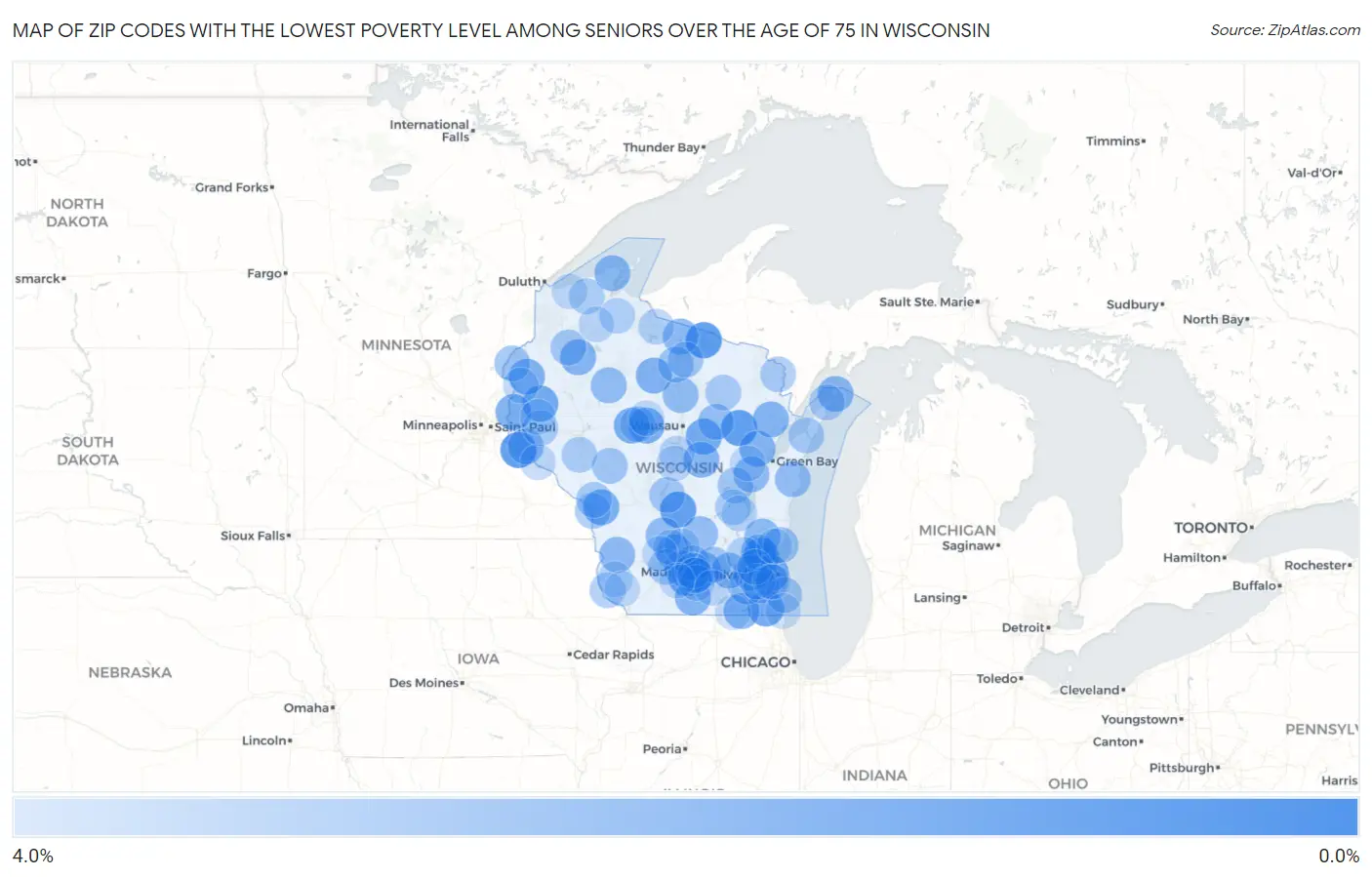 Zip Codes with the Lowest Poverty Level Among Seniors Over the Age of 75 in Wisconsin Map
